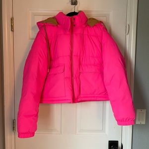 Pilcro Anthropologie neon pink cropped puffer coat